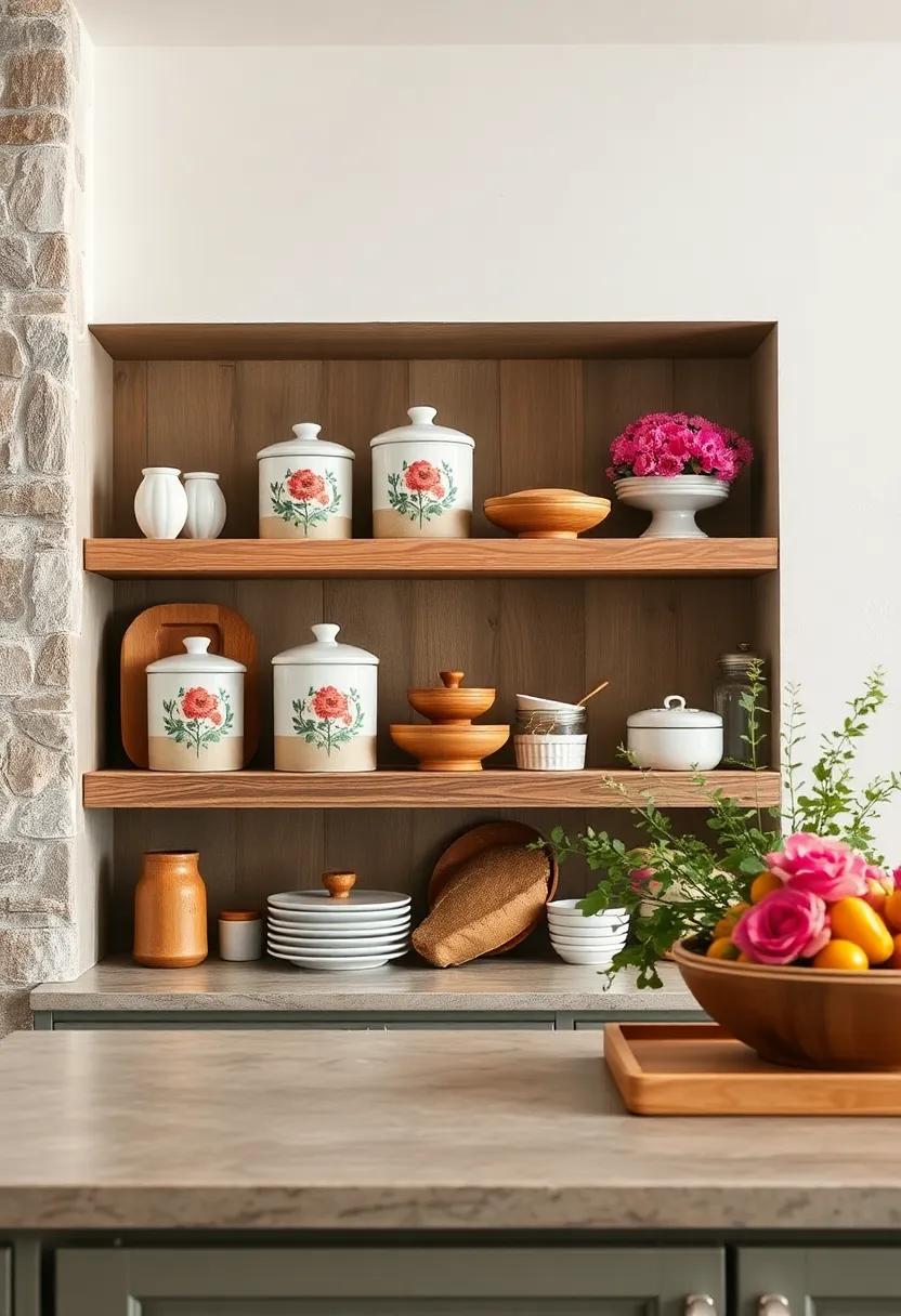 Ceramic Canisters with Hand-Painted Floral Designs Nestled on Open Shelves