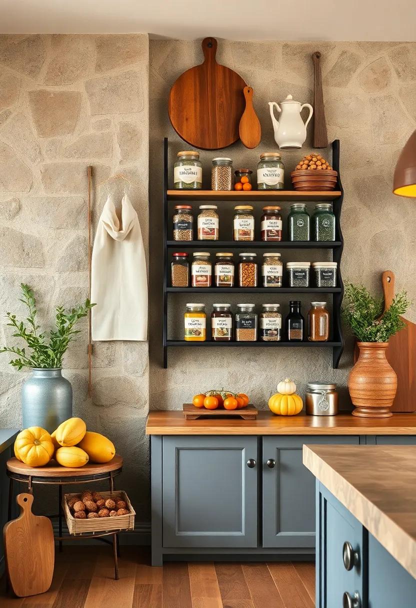 A Classic Wall-Mounted Spice Rack Holding Glass Jars with Earthy Labels and Textures