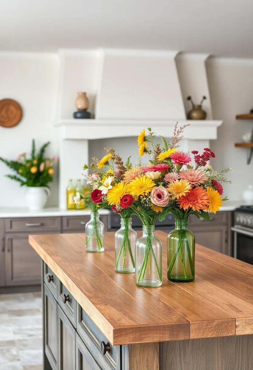 Floral Centerpieces in Recycled Glass Bottles on a Distressed Wooden Kitchen Island