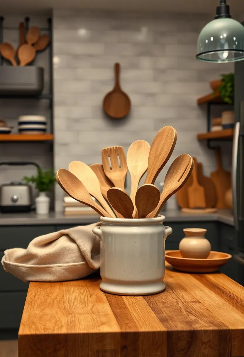 Handcrafted Wooden Utensils Organized Neatly in a Ceramic Crock on a Butcher Block