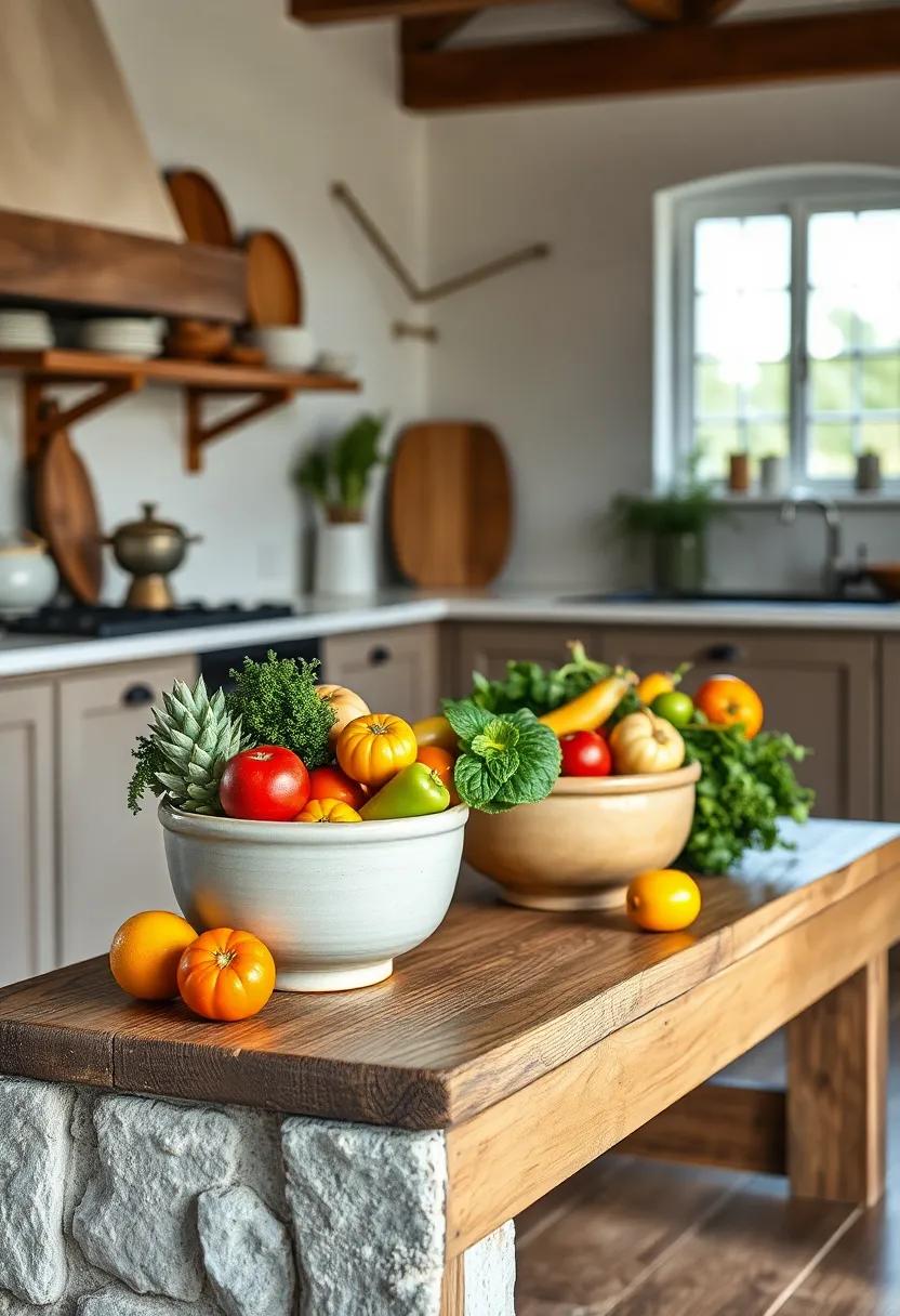 Hand-Thrown Stoneware Bowls Filled with Seasonal Produce on a Worn Wooden Bench