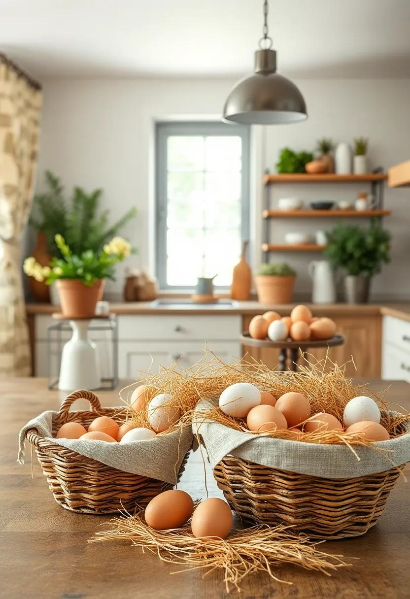 Old-Fashioned Egg Baskets Brimming With Fresh Organic Eggs and Loose Hay