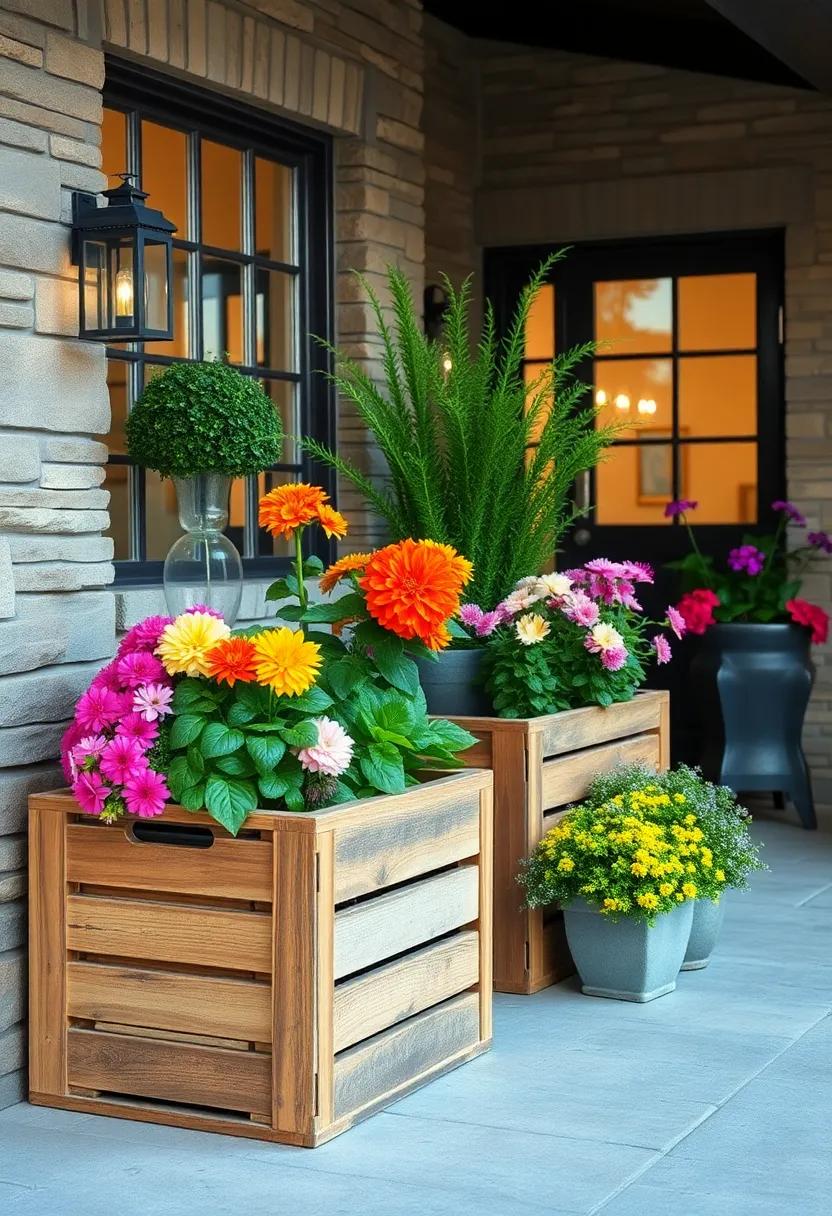 Charming Vintage Wooden Crates Filled With Seasonal Blooms For A Rustic Front Yard Display