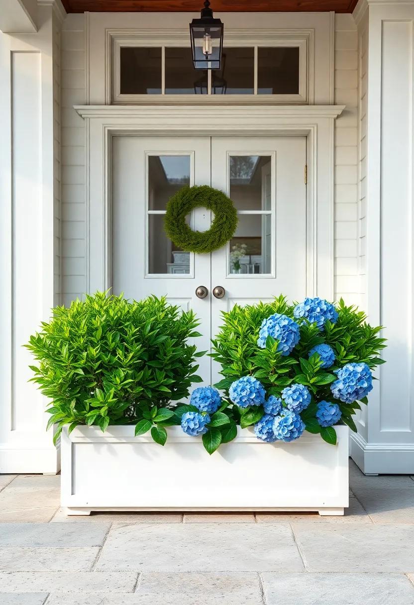 Classic White Painted Boxwoods Paired With Blue Hydrangeas In Symmetrical Planters At The Doorstep
