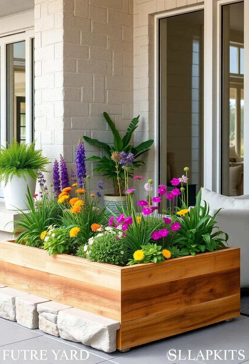 Mixed Wildflower Seeds Blooming In Natural Wood Planter Boxes For A Naturalistic Front Yard Look