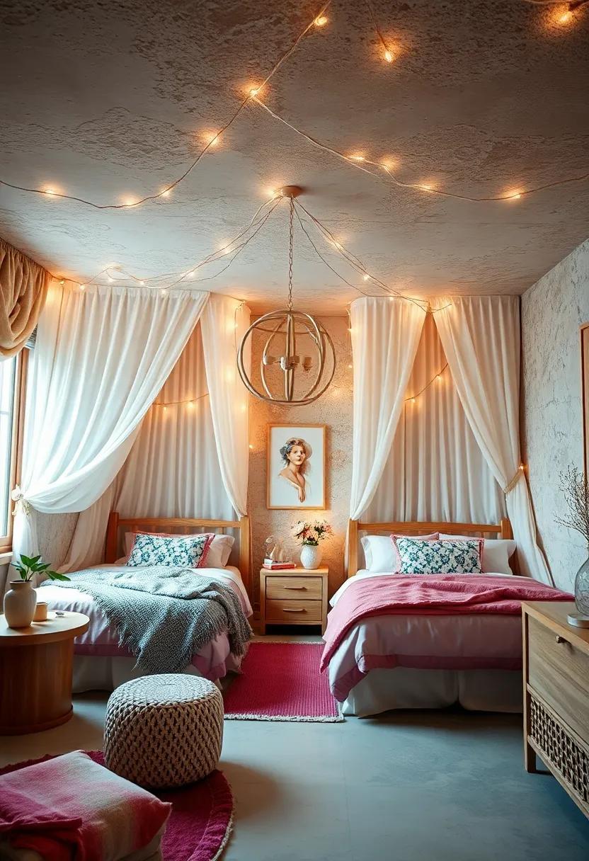 Enchanting Canopy Beds Draped in Sheer Fabrics and Twinkling Fairy Lights Creating a Dreamy Ceiling Effect
