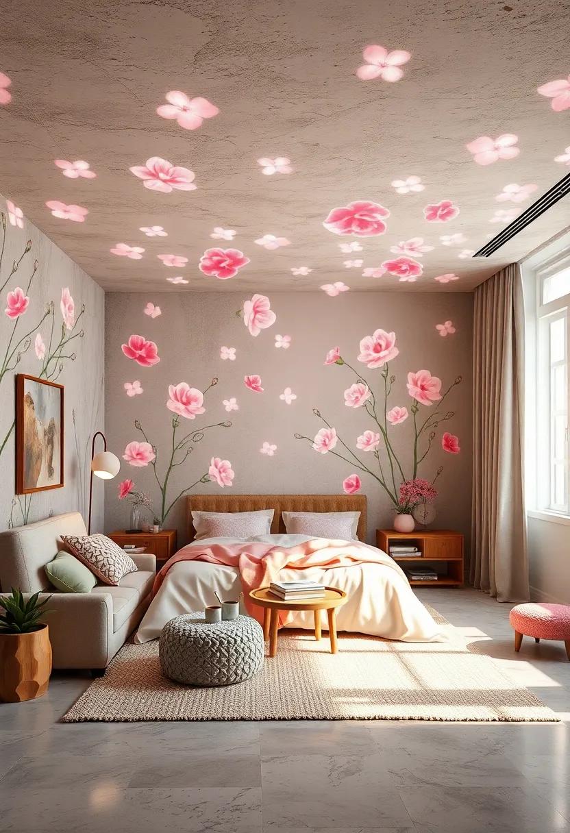 Soft Light Projected Flowers Blooming Onto Walls and Ceilings Creating an Immersive Garden Atmosphere