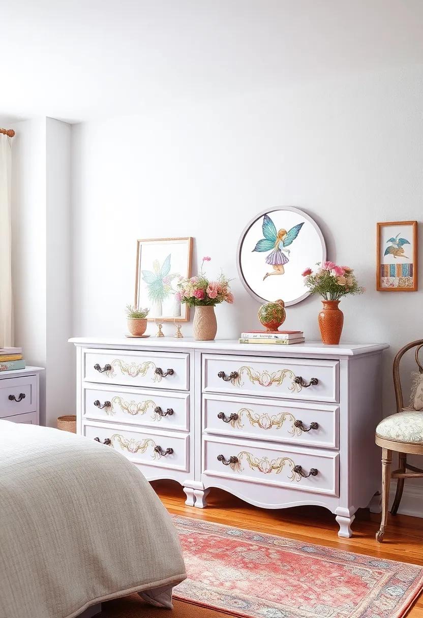 Vintage-Inspired Dressers Painted in Soft Lavender with Hand-Painted Fairy Motifs and Ornate Handles
