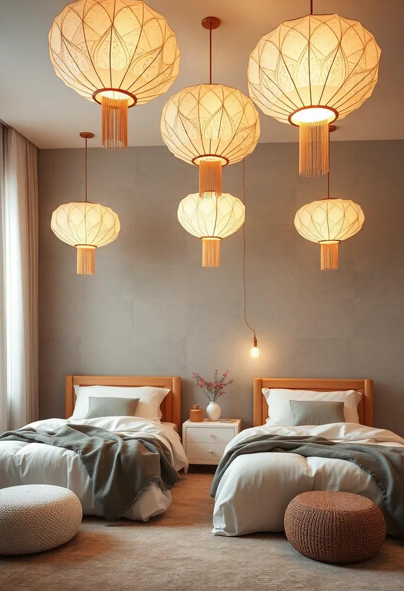 Intricate Paper Lanterns Hanging Above Beds Shaped Like Flowers with Subtle, Warm Lighting Effects