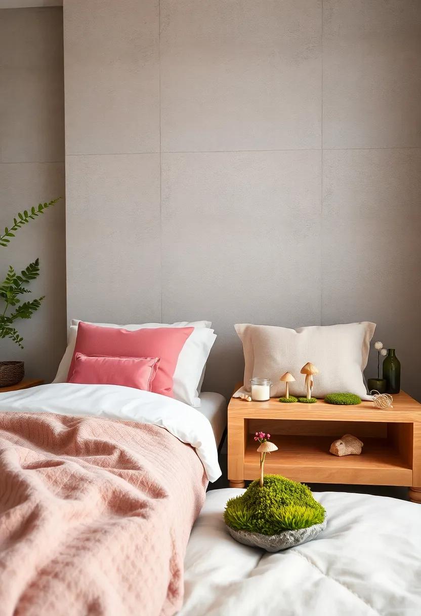 Nature-Inspired Bedside Tables Featuring Moss, Small Mushrooms, and Hidden Fairy Figurines