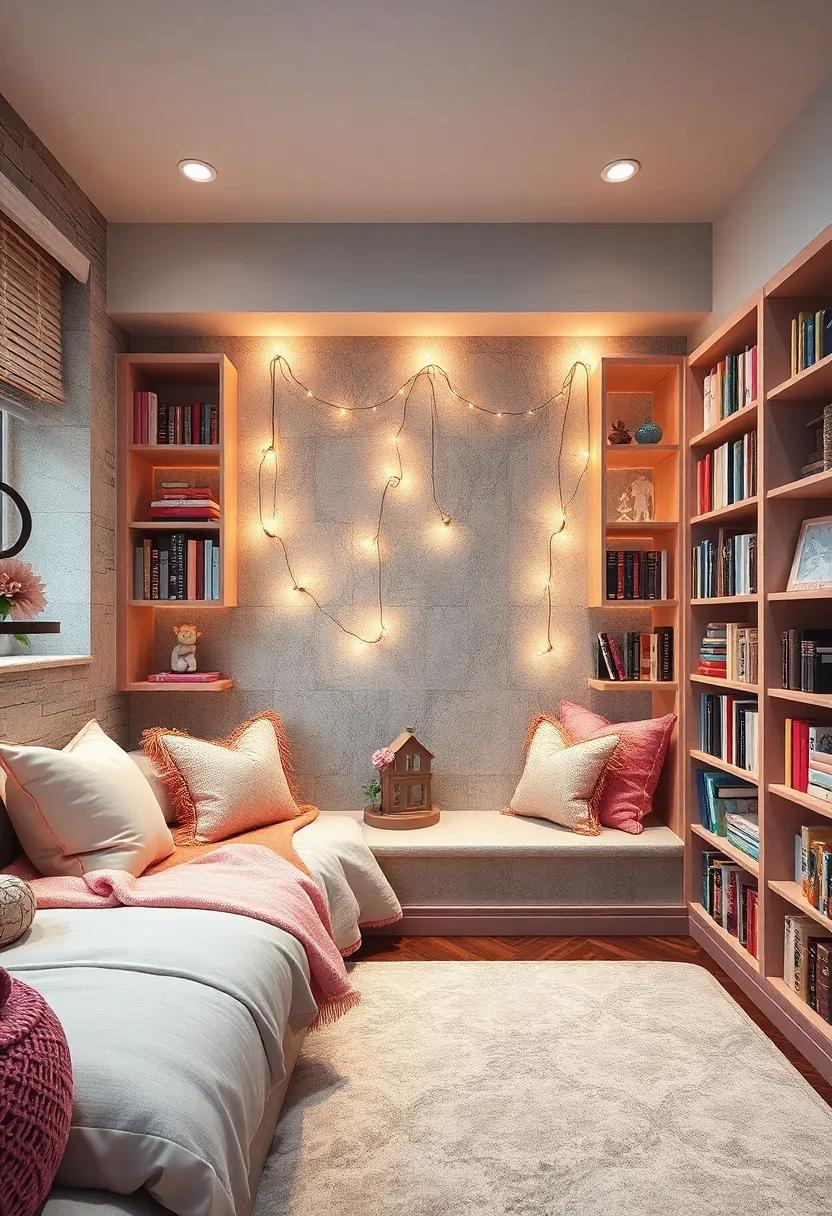 Cozy Reading Nooks with Plush Pillows and Fairy Lights Nestled Amongst Bookshelves in a Magical Corner