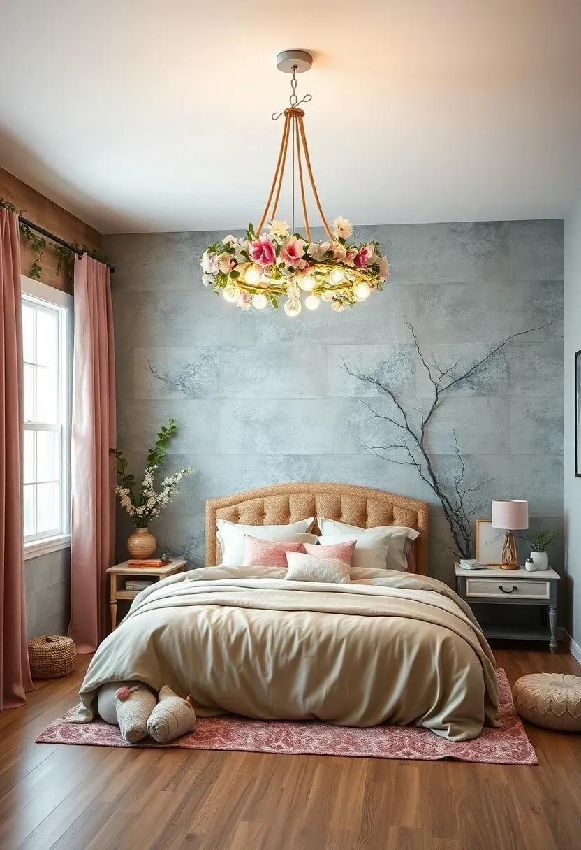 Whimsical Flower Garland Chandelier Casting Soft Glows over a Woodland-Inspired Bedroom Setting