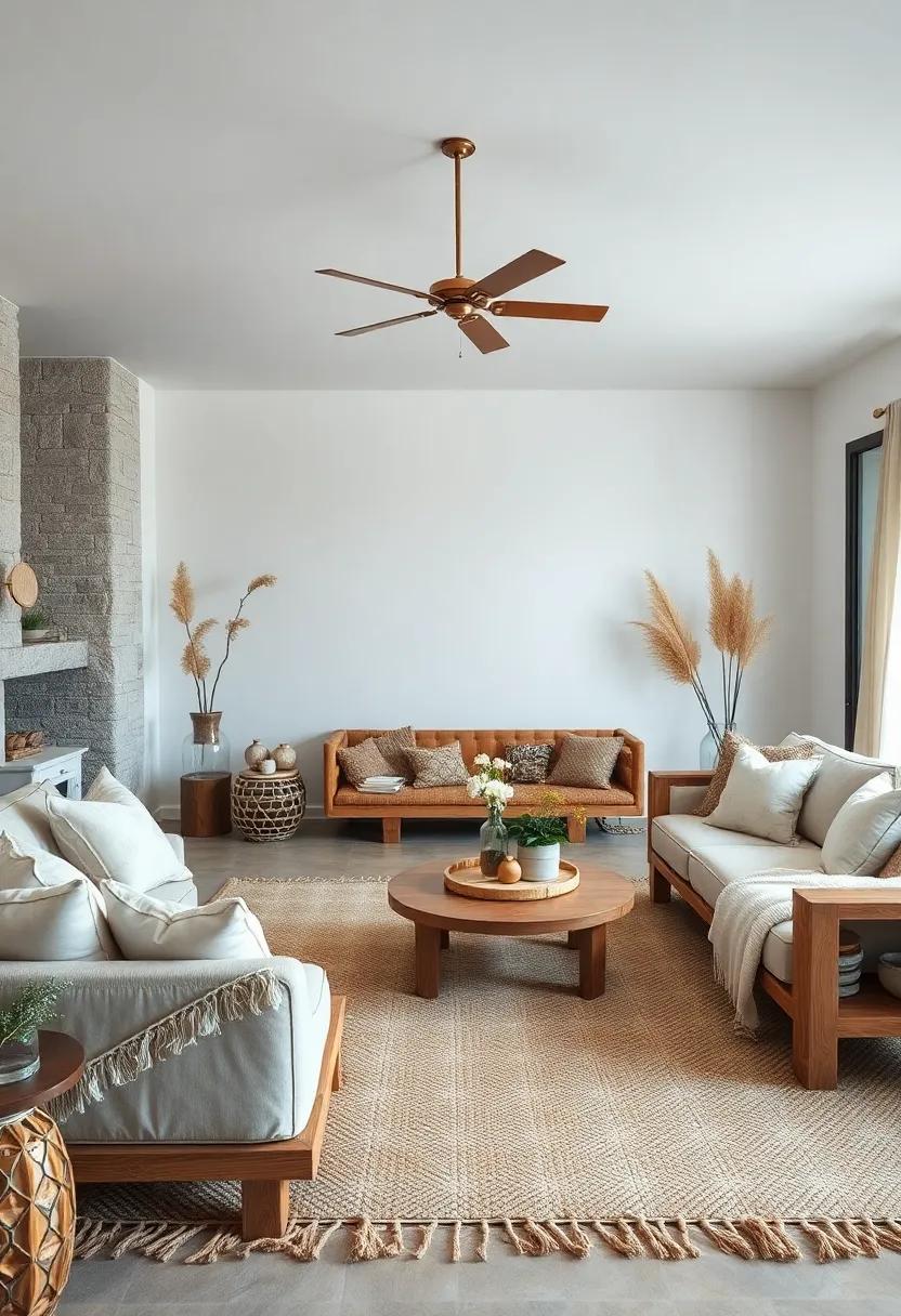 Mixing Raw Wood Furniture with Knotted Cotton Pillows and Layered Natural Fiber Carpets