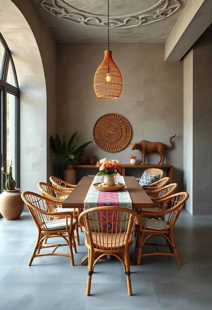 Bohemian Dining Nooks Boasting Bamboo Chairs and Linen Table Runners with Ethnic Prints