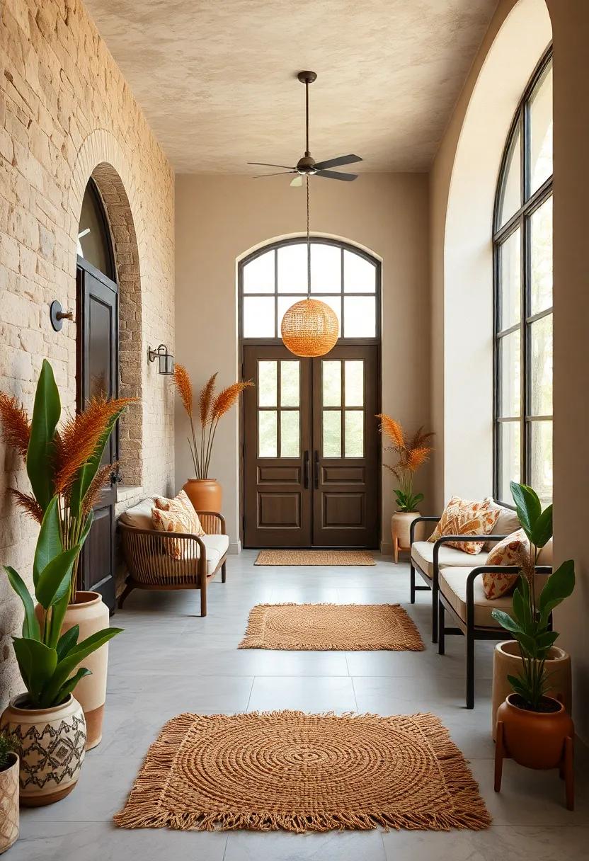 Minimalist Bohemian Entryways Featuring Natural Fiber Door Mats and Clay Pot Arrangements