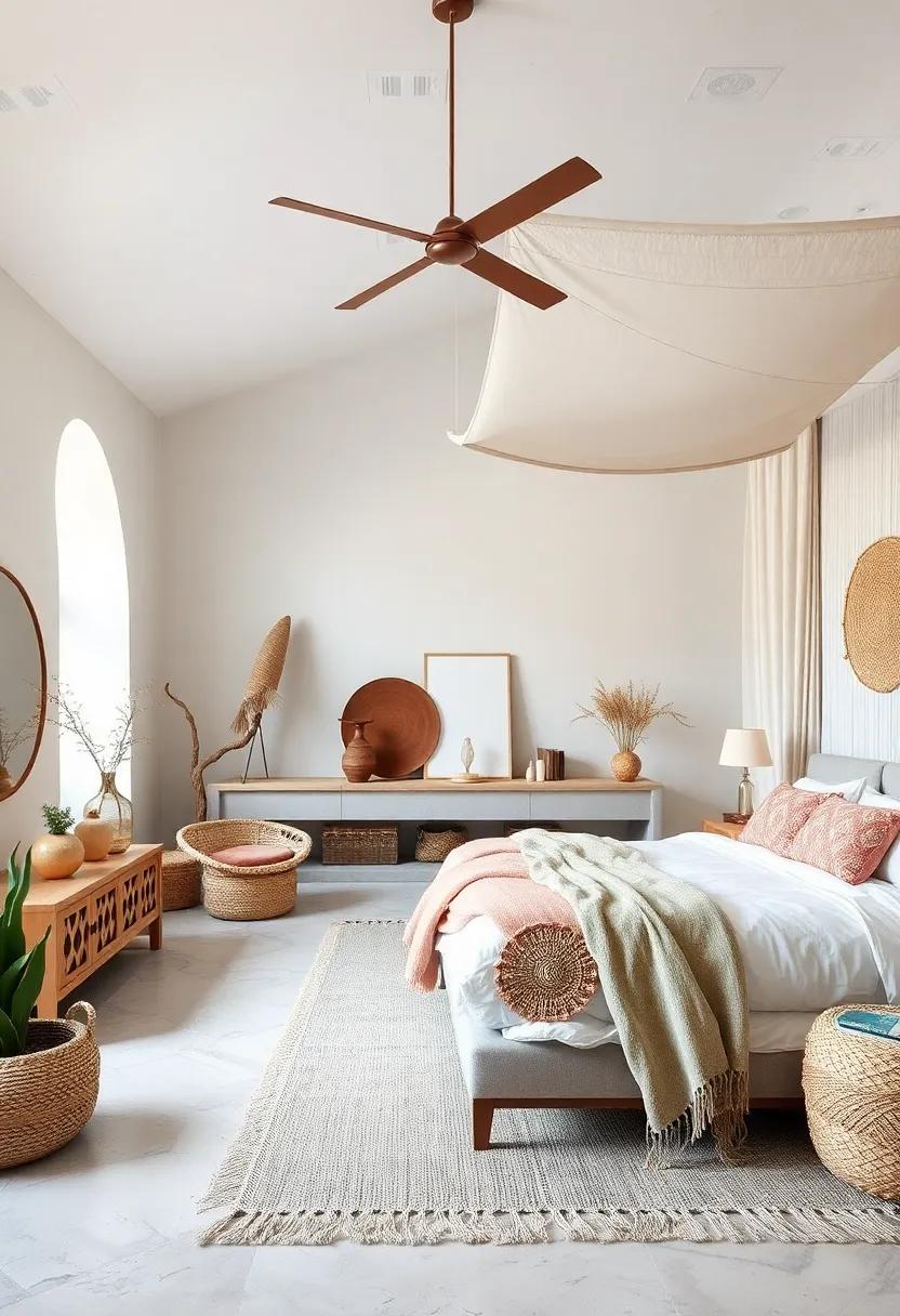 Serene Bedrooms with Driftwood Accents, Cotton Canopies, and Macramé Details in Neutral Palettes