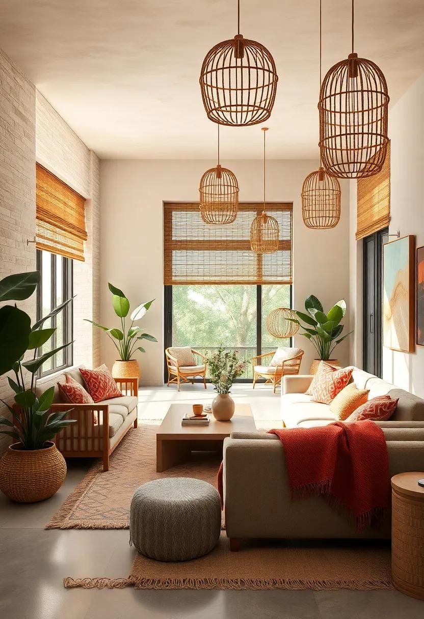 Soft Earth Tones in Living Spaces Highlighted by Bamboo Blinds and Cotton Rope Lanterns