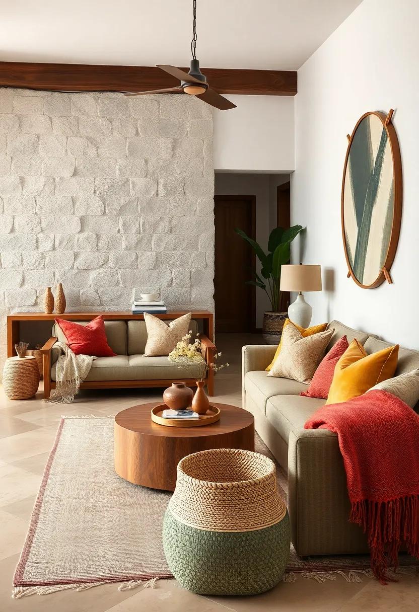 Rustic Meets Luxe: Teak Accent Tables Paired with Cashmere Throws and Raffia Accents