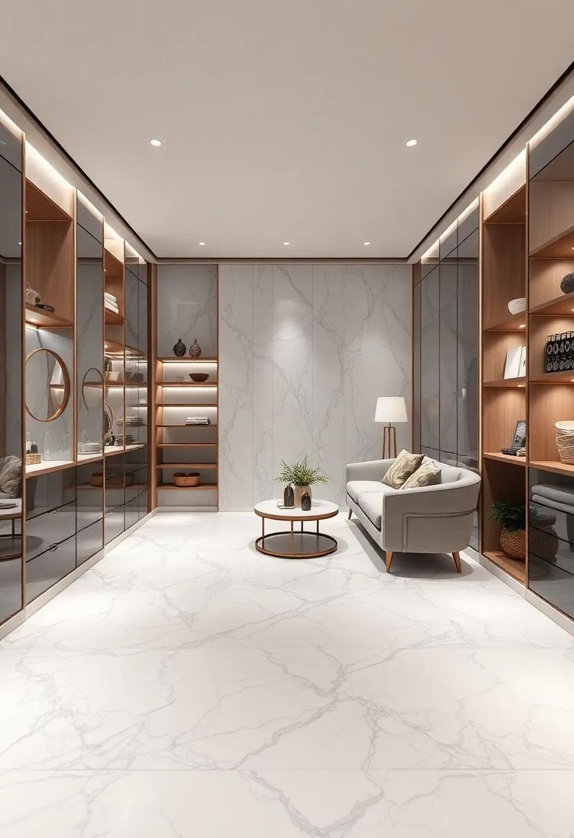 Soft Ambient Lighting Enhancing the Natural Veins of White and Grey Marble Surfaces