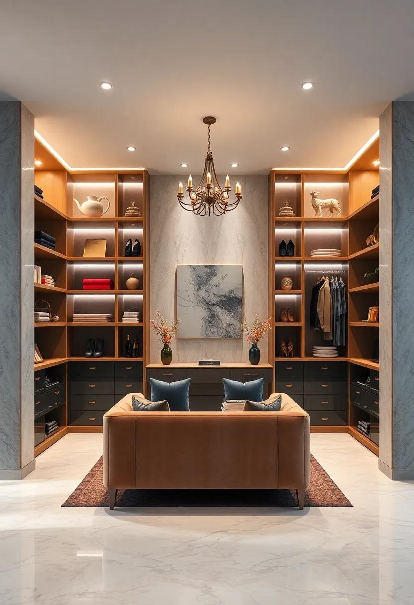 Custom Built-In Shelves Framing a Spacious Walk-In Closet with High-End Marble Flooring