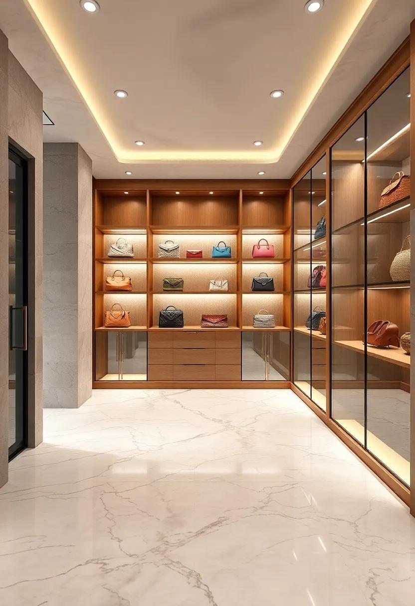 Open Glass Display Cabinets Showcasing Designer Handbags with Marble Floors Below