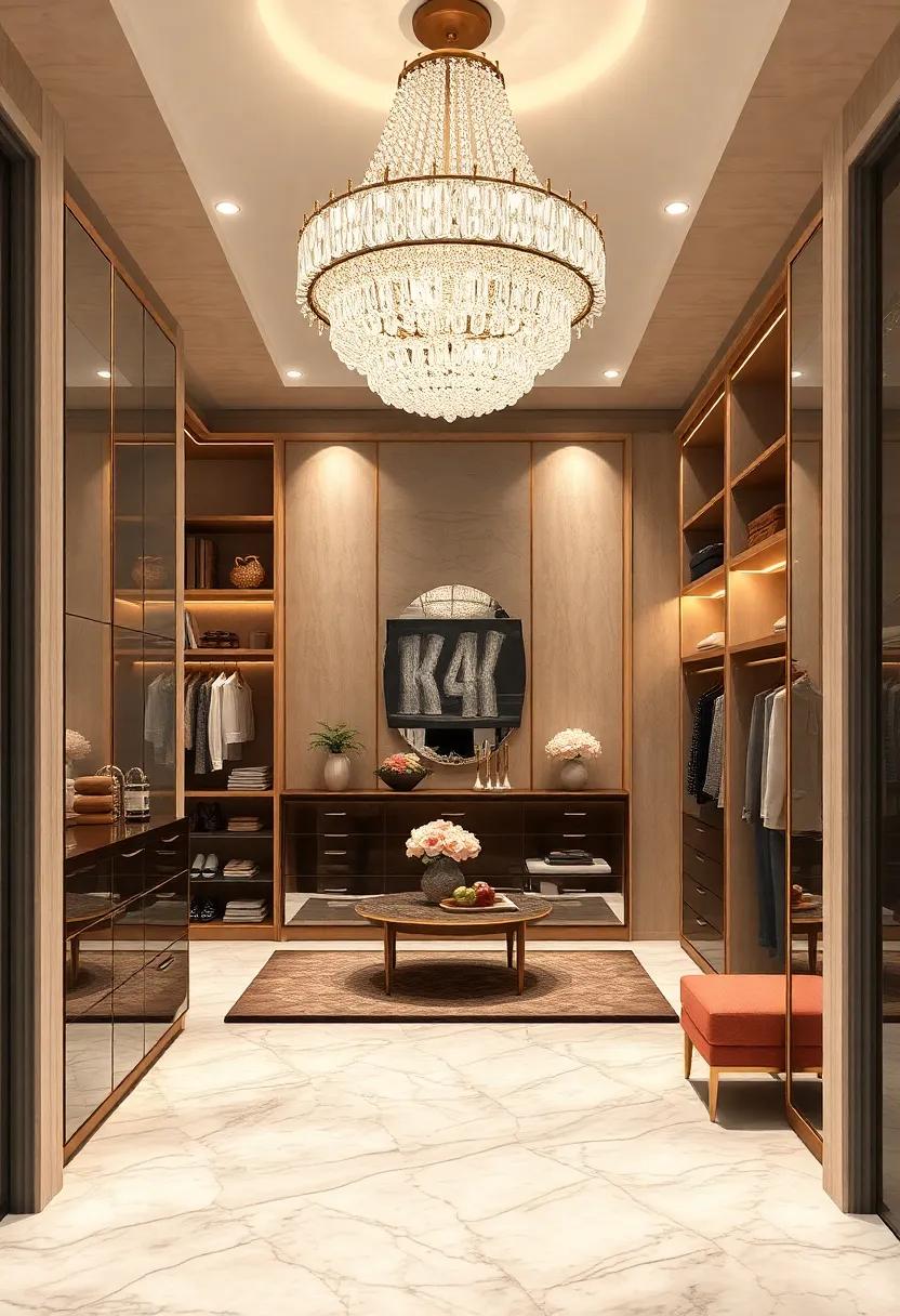 A Dramatic Crystal Chandelier Hanging Over a Luxurious Marble-Floored Walk-In Space