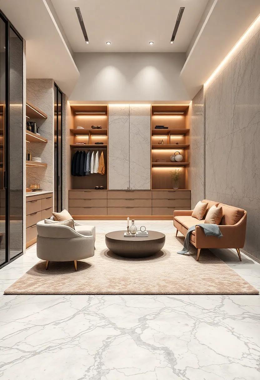 Minimalist Seating Arrangements on Plush Rugs Nestling Over Intricately Patterned Marble