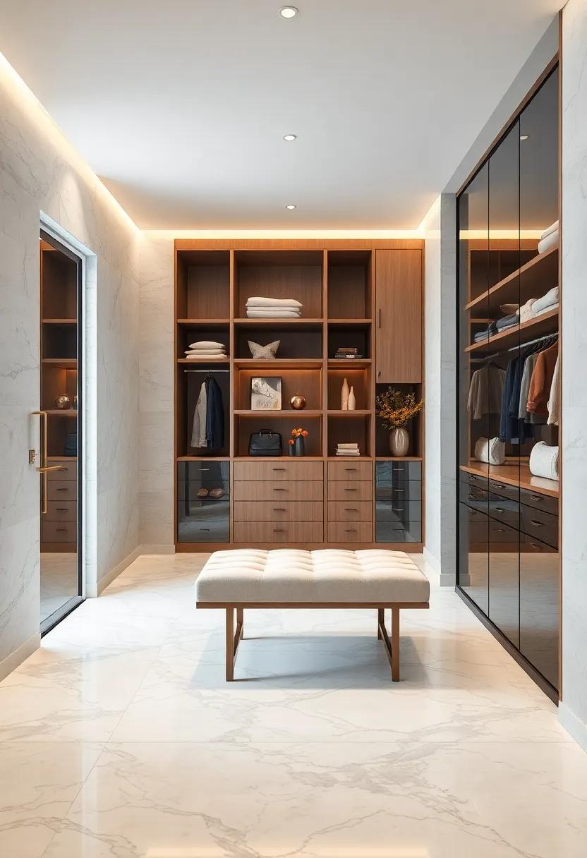 A Chic Dressing Bench Complementing the Marble Floor's Cool and Smooth Texture