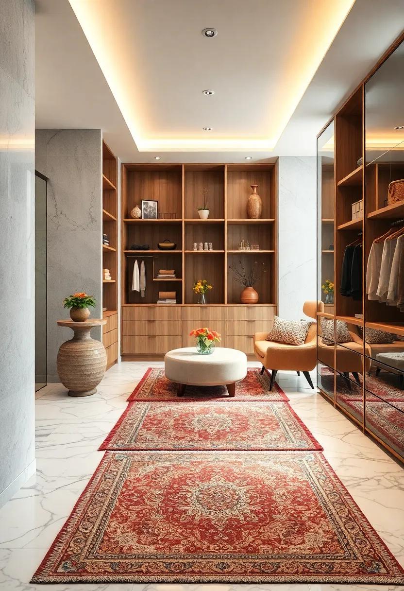 Vintage-Inspired Rug Patterns Laid Over Cool Marble Floors for a Touch of Warmth