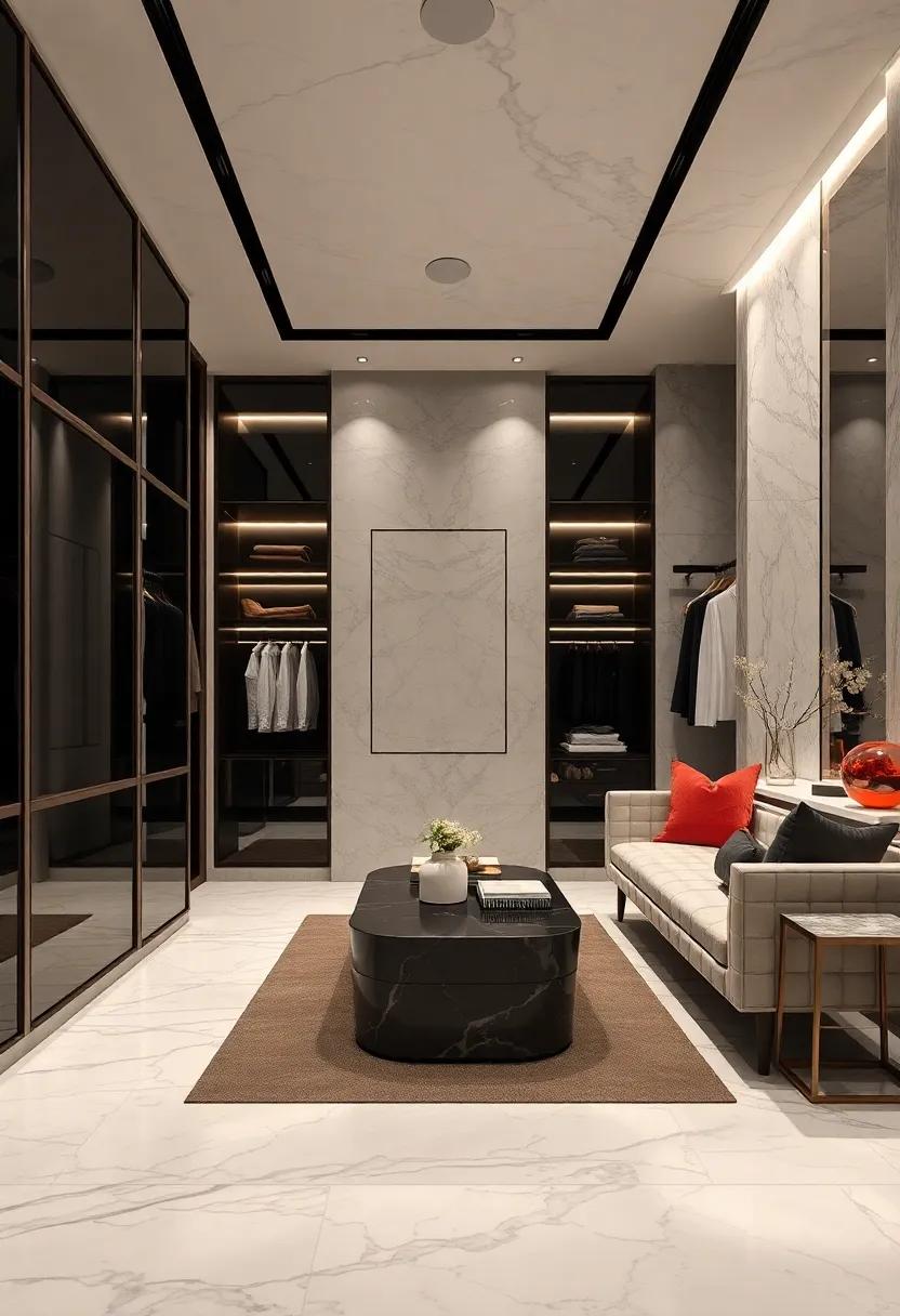 Monochrome Palette of Black and White Coffers Enhanced by Polished Marble Bases