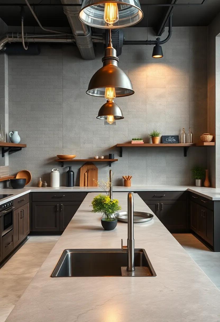 A Balanced Blend of Rough Concrete Texture and Shiny Metal Fixtures Under Industrial Pendant Lighting