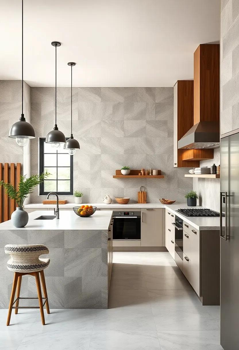 Contrasting Elements of Soft Matte Concrete and Sharp Glossy Tiles in a Contemporary Kitchen Space