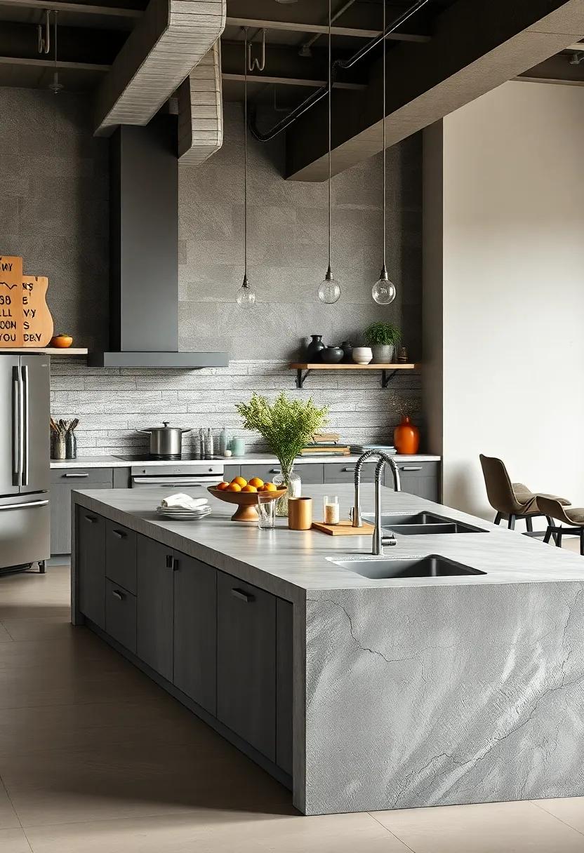 Industrial Kitchen Island Showcasing Substantial Concrete Slabs with Integrated Stainless Steel Sinks