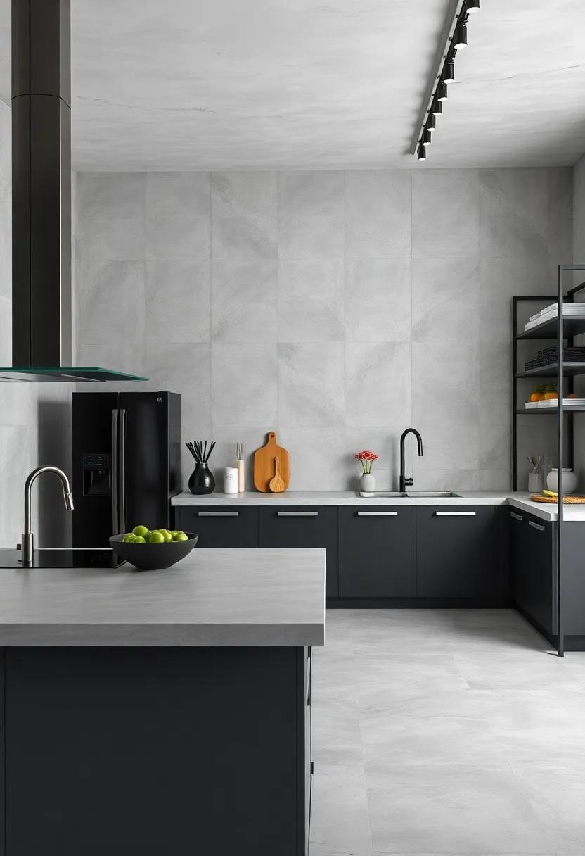 Monochrome Palette Featuring Grey Concrete, Black Appliances, and Stainless Steel Shelving Units