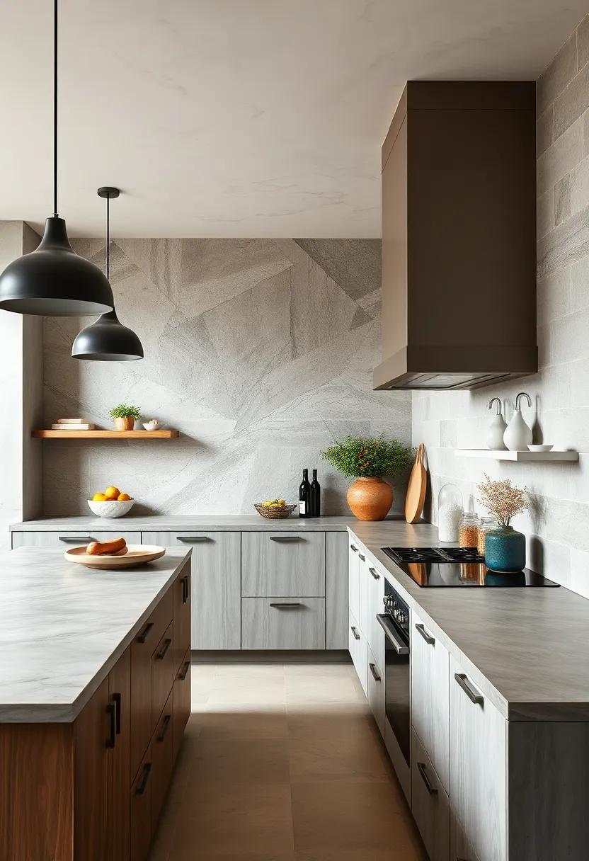 Neutral Toned Kitchens Featuring Layered Concrete Surfaces and Textured Backsplash Walls