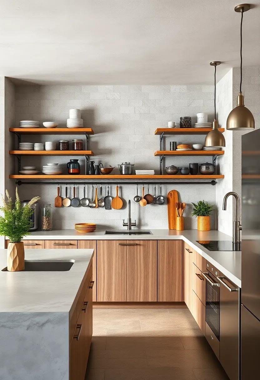Open Shelving Units Overflowing with Utensils Above Sleek Concrete Counter Surfaces and Stainless Appliances