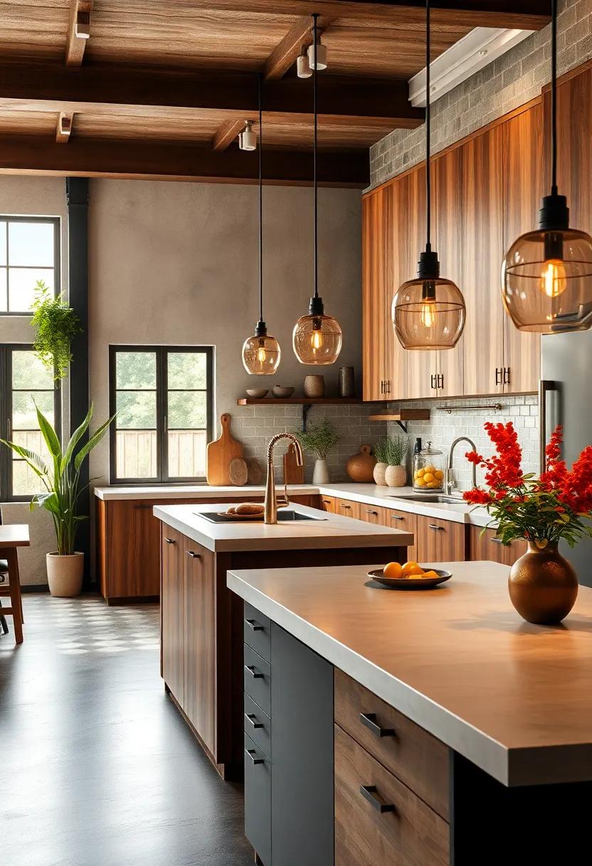 Textural Beauty of Raw Concrete Countertops Paired with Rustic Wooden Cabinets in a Modern Culinary Space