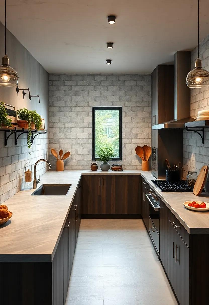 Urban Industrial Kitchen Styling Featuring Concrete Countertops with Integrated Cutting Boards and Accessories