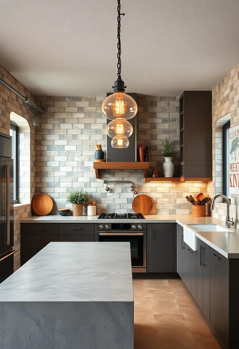 Vintage Industrial Lighting Fixtures Hung Above Thick, Solid Concrete Kitchen Countertops