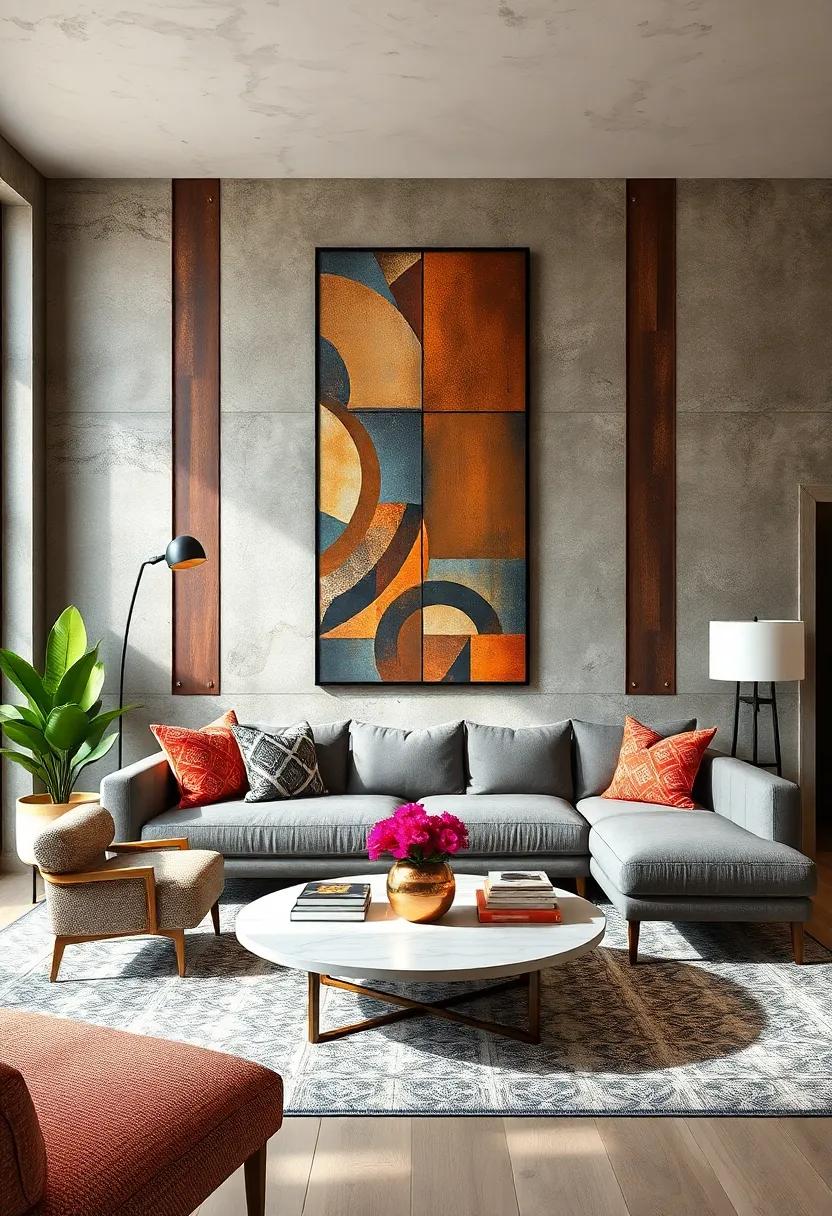 Elevate Your Living Room Ambience with Bold Industrial Metal Wall Panels and Geometric Designs
