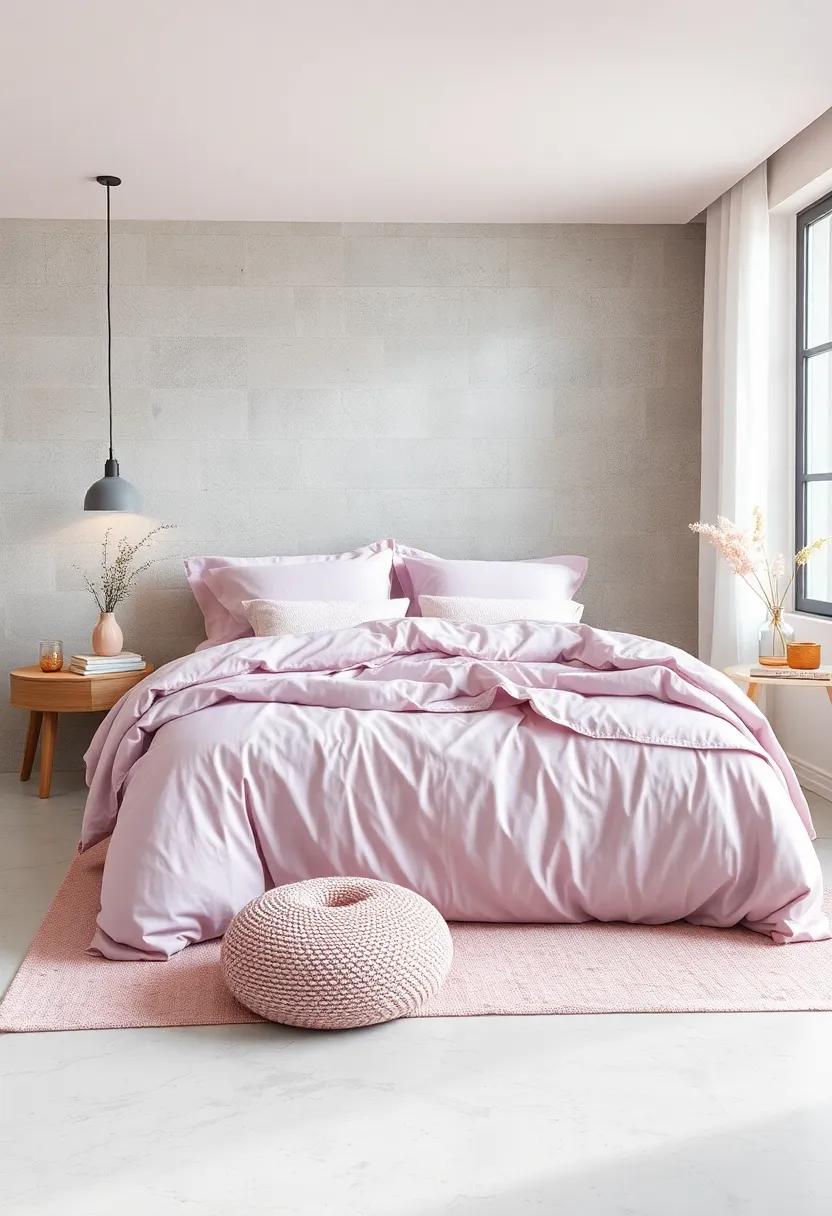 Gentle Pastel Bed Linens Layered to Showcase Blush Sheets Under Lavender Comforters for Sweet Dreams