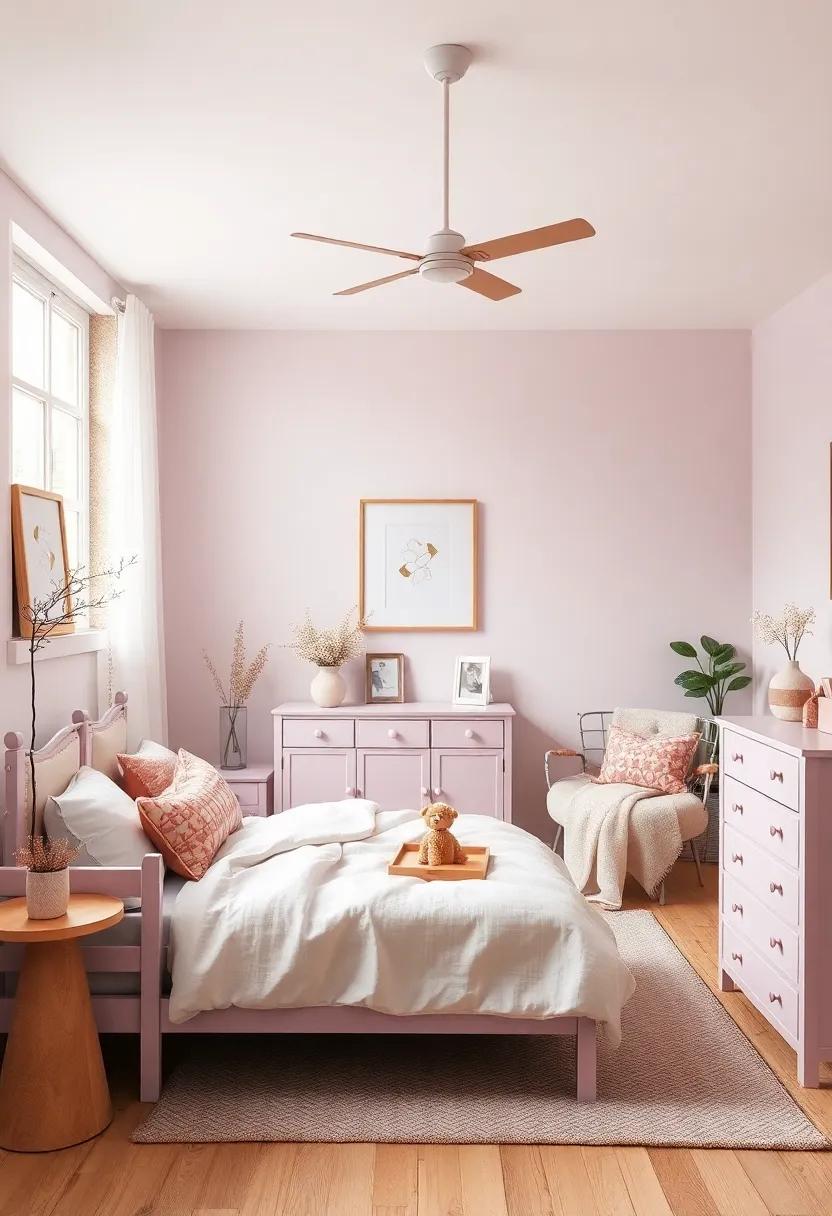 Natural Wooden Furniture Painted in Muted Lavender and Blush Shades Creating Timeless Charm and Warmth