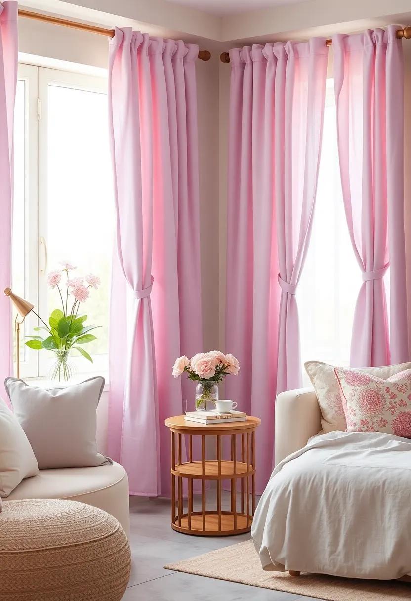 Whimsical Canopy Beds Wrapped in Lavender and Blush Fabrics Creating a Dreamlike Sleeping Space