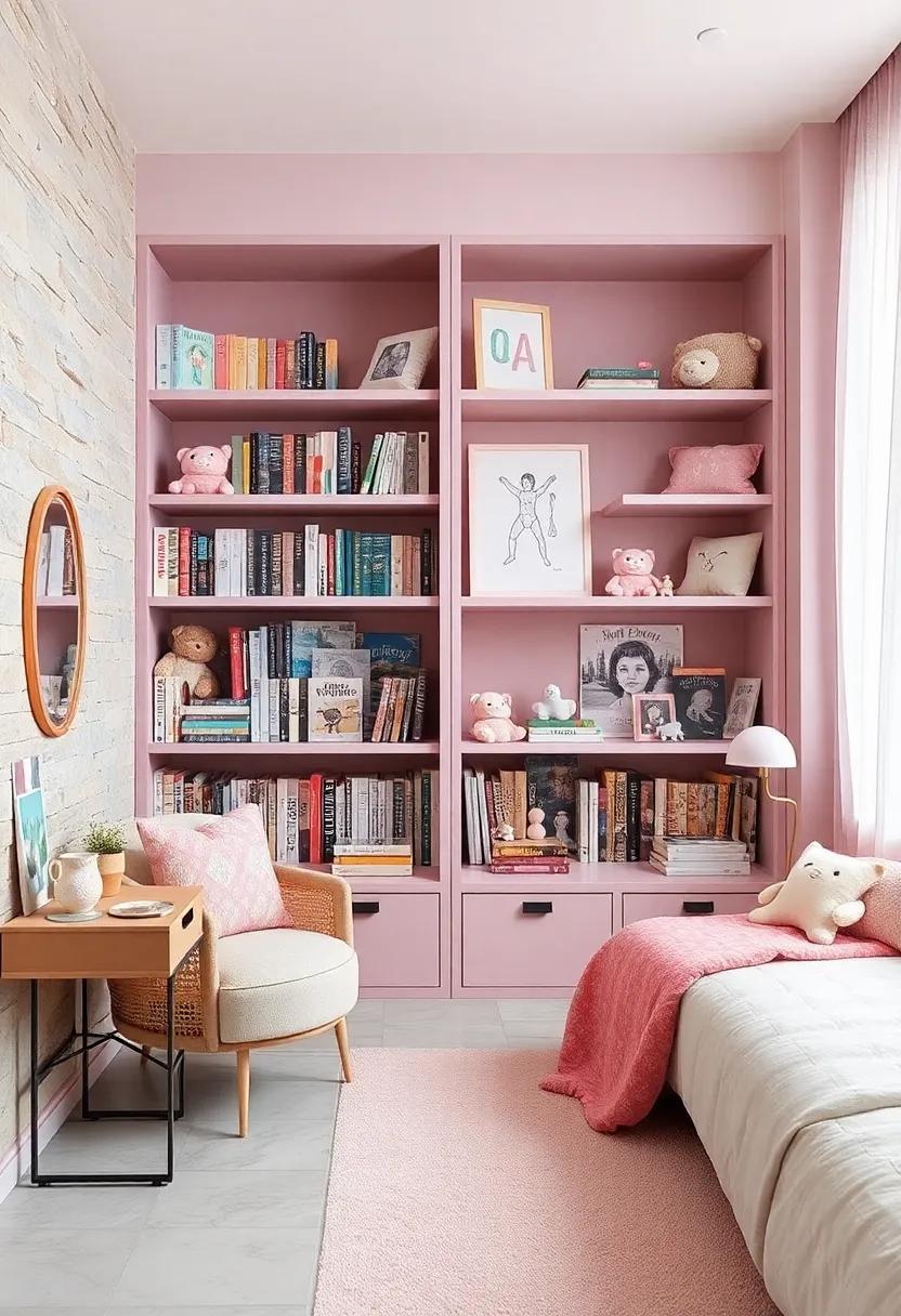 Lavender and Blush Themed Bookshelves Overflowing with Storybooks and Soft Plush Toys for Cozy Vibes
