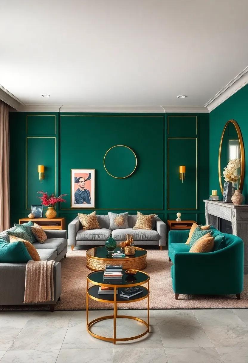 Elevate Your Living Room with Deep Emerald Walls and Subtle Gold Detailing for a Regal Ambiance