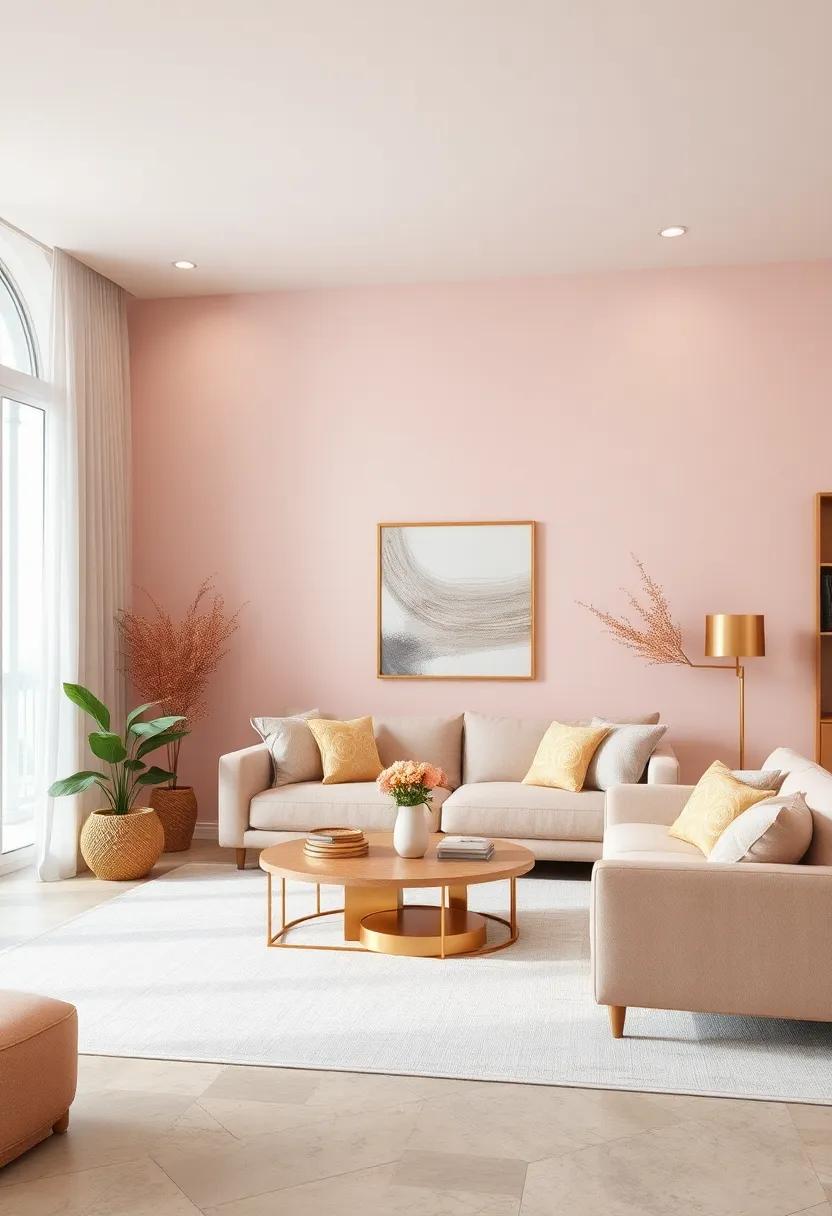 Soft Blush Pink Walls Complemented by Delicate Gold Accents to Create a Romantic and Airy Living Space