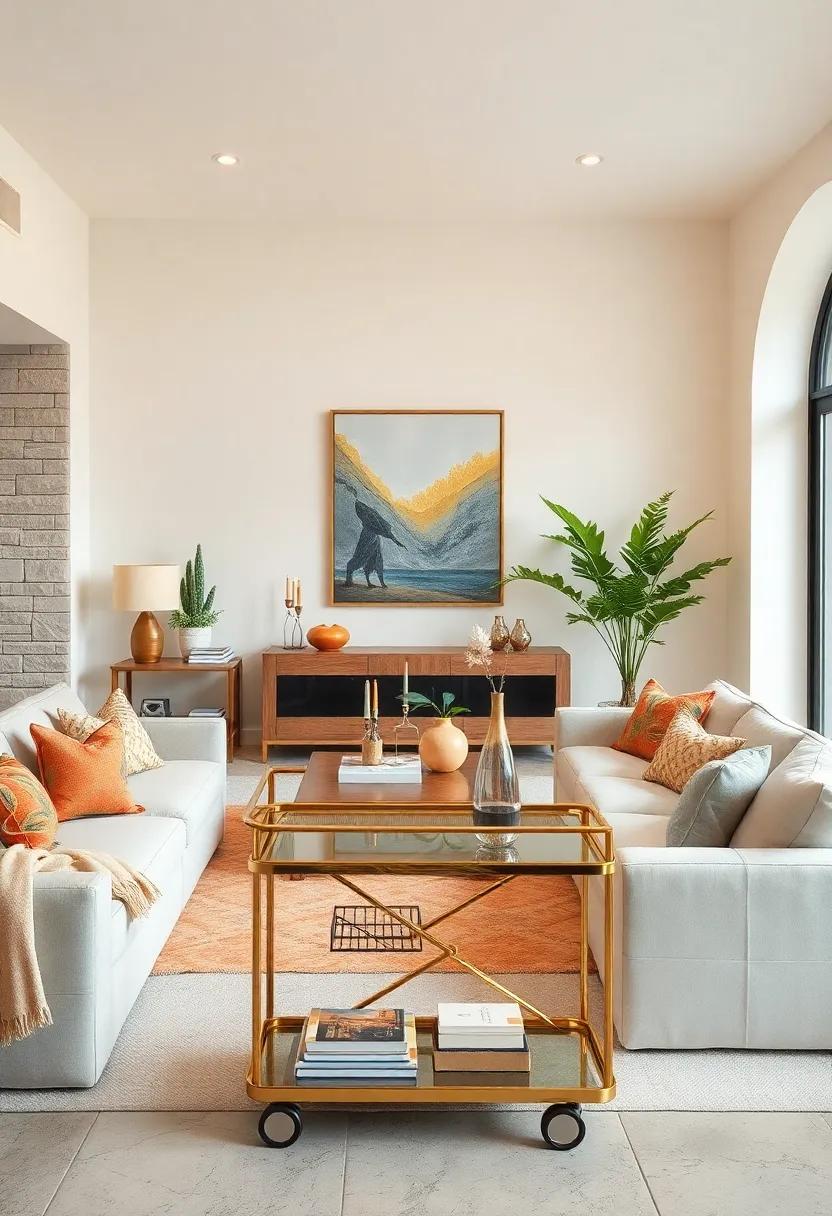 Ivory Walls Paired with Shiny Gold Bar Cart for a Chic and Inviting Entertaining Area