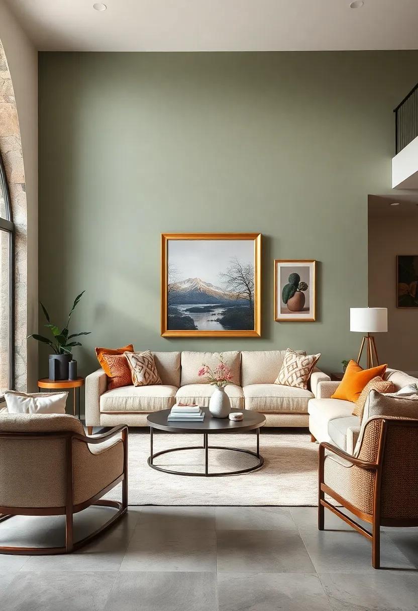 Muted Sage Green Coloring Enhanced by Matte Gold Picture Frames to Celebrate Subtle Earthy Sophistication