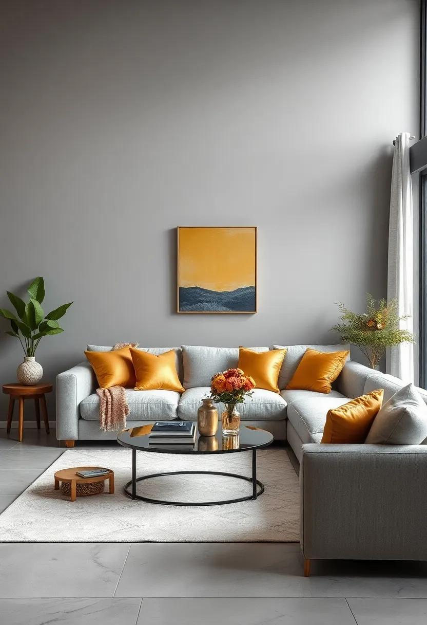 Cloud Gray Walls with Soft Gold Cushions Creating a Subdued and Harmonious Living Room Feel