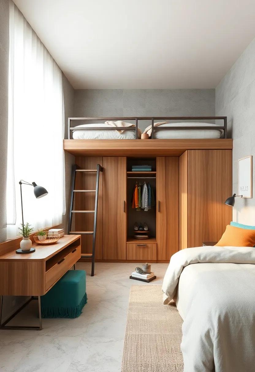 Space-Saving Lofted Beds Designed to Include Compact Closets or Wardrobes Seamlessly Integrated Below